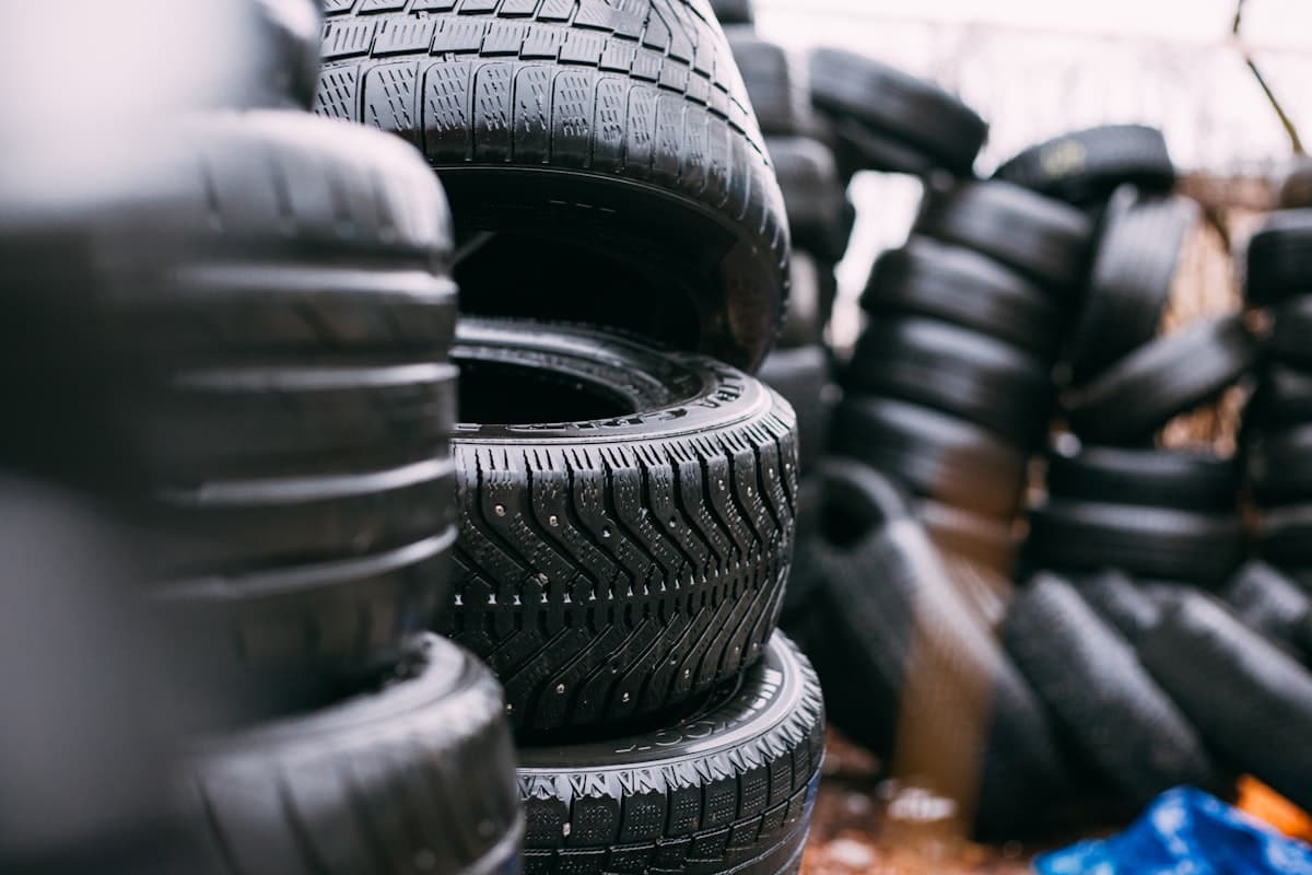 Stacks of new tyres in the workshop